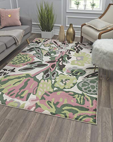 Rugs America White Green Floral Contemporary Rug May Flowers VA15B 5'0"X7'0" Area Rug