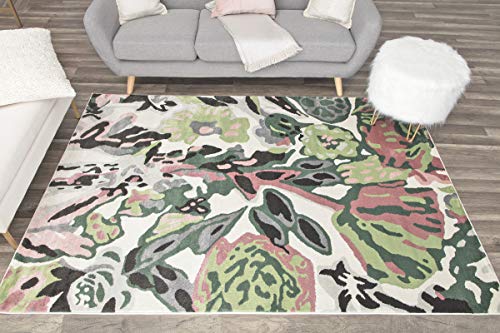 Rugs America White Green Floral Contemporary Rug May Flowers VA15B 5'0"X7'0" Area Rug