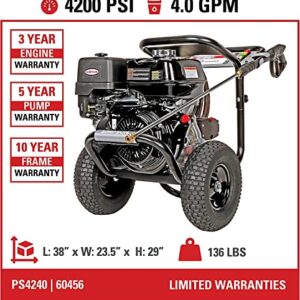 SIMPSON Cleaning PS4240 PowerShot 4200 PSI Gas Pressure Washer, 4.0 GPM, Honda GX390 Engine, Includes Spray Gun, 5 QC Nozzle Tips, 3/8-inch x 50-foot Monster Hose, (49-State)