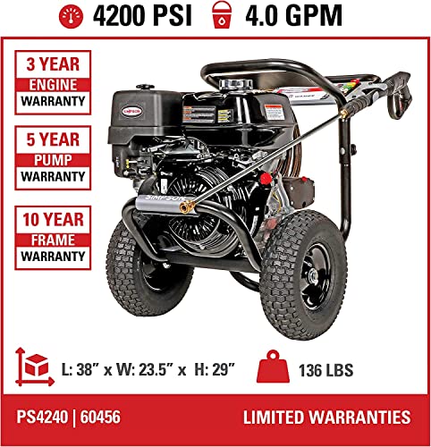 SIMPSON Cleaning PS4240 PowerShot 4200 PSI Gas Pressure Washer, 4.0 GPM, Honda GX390 Engine, Includes Spray Gun, 5 QC Nozzle Tips, 3/8-inch x 50-foot Monster Hose, (49-State)