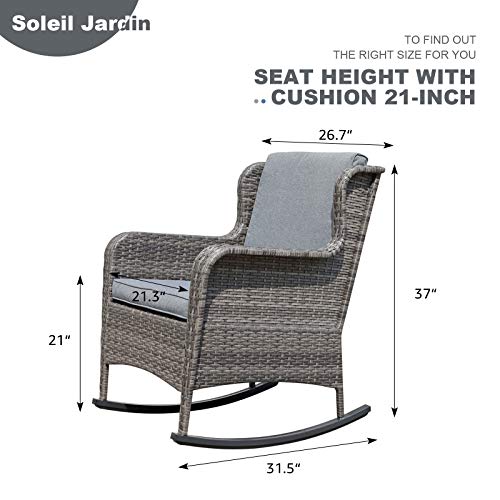 Soleil Jardin Outdoor Resin Wicker Rocking Chair with Cushions, Patio Yard Furniture Club Rocker Chair, Gray Wicker & Gray Cushions,Set of 2