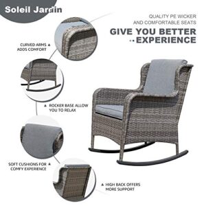 Soleil Jardin Outdoor Resin Wicker Rocking Chair with Cushions, Patio Yard Furniture Club Rocker Chair, Gray Wicker & Gray Cushions,Set of 2