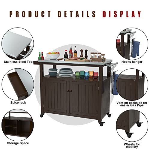 GDLF Outdoor Storage Cabinet Solid Wood Prep Grill Table with Stainless Steel Top Waterproof Cover Dark Brown