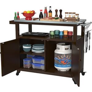 GDLF Outdoor Storage Cabinet Solid Wood Prep Grill Table with Stainless Steel Top Waterproof Cover Dark Brown