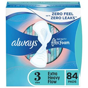 always infinity feminine pads for women, size 3 extra heavy flow absorbency, multipack, with flexfoam, with wings, unscented, 28 count x 3 packs (84 count total)