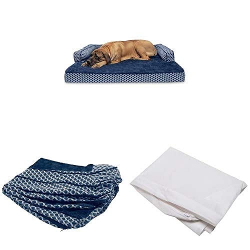 Furhaven Pet Bundle - Jumbo Plus Diamond Blue Orthopedic Plush Faux Fur & Décor Comfy Couch Sofa, Extra Dog Bed Cover, & Water-Resistant Mattress Liner for Dogs & Cats