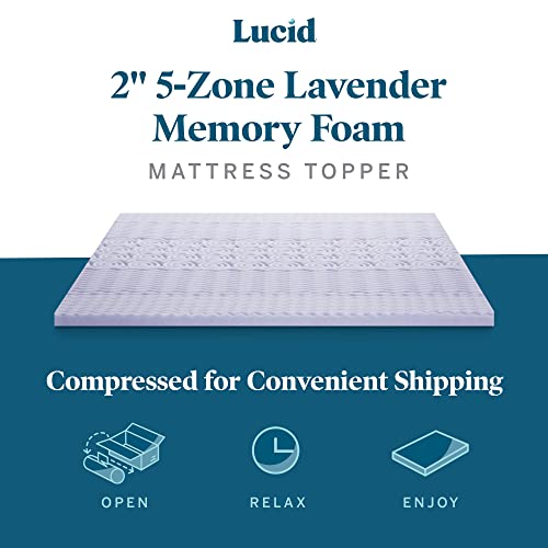 Lucid 2 Inch Mattress Topper King – Memory Foam Mattress Topper King – 5 Zone Lavender Infusion – CertiPur Certified Foam