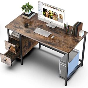 gikpal computer desk for home office, study writing desk with 2 drawers, desk with storage for bedroom 47 inch, black/rustic brown (rustic brown)