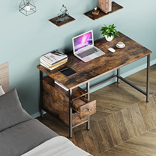 GIKPAL Computer Desk for Home Office, Study Writing Desk with 2 Drawers, Desk with Storage for Bedroom 47 inch, Black/Rustic Brown (Rustic Brown)