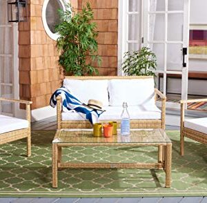 Safavieh Outdoor Collection Garnen Wicker Cushion 4-Piece Living Set PAT7714D, Natural/White