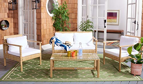 Safavieh Outdoor Collection Garnen Wicker Cushion 4-Piece Living Set PAT7714D, Natural/White