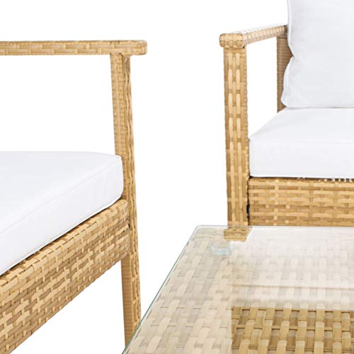 Safavieh Outdoor Collection Garnen Wicker Cushion 4-Piece Living Set PAT7714D, Natural/White