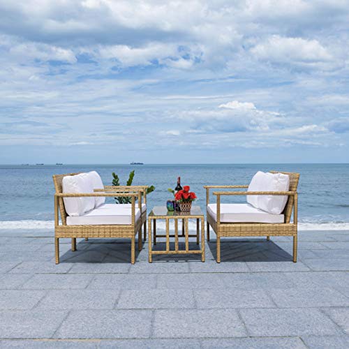 Safavieh Outdoor Collection Garnen Wicker Cushion 4-Piece Living Set PAT7714D, Natural/White