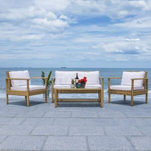 Safavieh Outdoor Collection Garnen Wicker Cushion 4-Piece Living Set PAT7714D, Natural/White