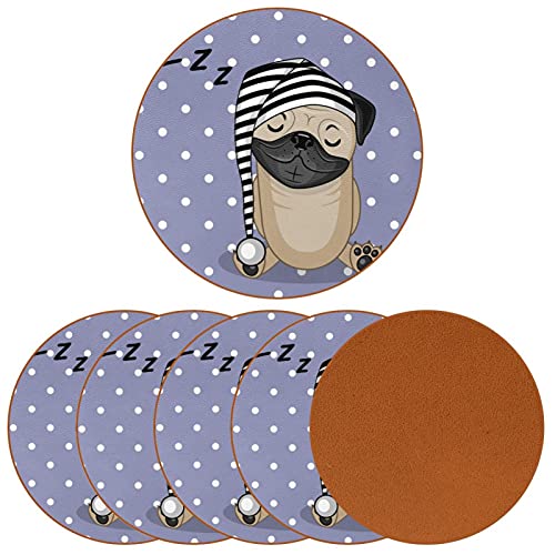 6 PCS Premium Leather Coasters for Drinks - Heat Resistant Drink Coaster - Protect Furniture from Stains Water Rings and Damage - Cute Pug Dog Sleepy