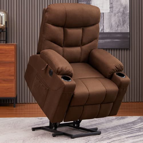 CDCASA Power Lift Recliner Chair for Elderly Electric Massage Sofa with Heated,Side Pockets,Cup Holders, USB Ports, Remote Control,Fabric Living Room Reclining Bed, Brown