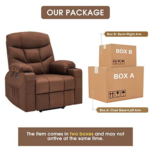 CDCASA Power Lift Recliner Chair for Elderly Electric Massage Sofa with Heated,Side Pockets,Cup Holders, USB Ports, Remote Control,Fabric Living Room Reclining Bed, Brown