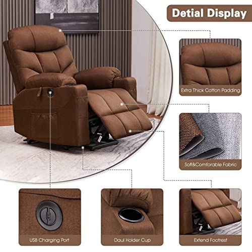 CDCASA Power Lift Recliner Chair for Elderly Electric Massage Sofa with Heated,Side Pockets,Cup Holders, USB Ports, Remote Control,Fabric Living Room Reclining Bed, Brown