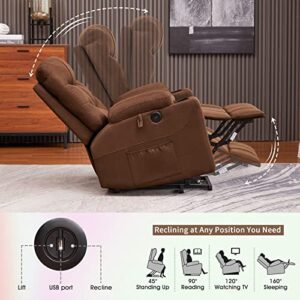 CDCASA Power Lift Recliner Chair for Elderly Electric Massage Sofa with Heated,Side Pockets,Cup Holders, USB Ports, Remote Control,Fabric Living Room Reclining Bed, Brown