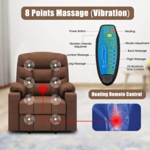 CDCASA Power Lift Recliner Chair for Elderly Electric Massage Sofa with Heated,Side Pockets,Cup Holders, USB Ports, Remote Control,Fabric Living Room Reclining Bed, Brown