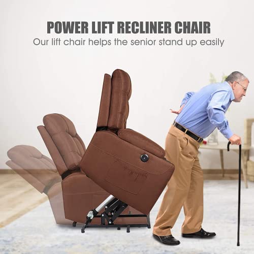 CDCASA Power Lift Recliner Chair for Elderly Electric Massage Sofa with Heated,Side Pockets,Cup Holders, USB Ports, Remote Control,Fabric Living Room Reclining Bed, Brown