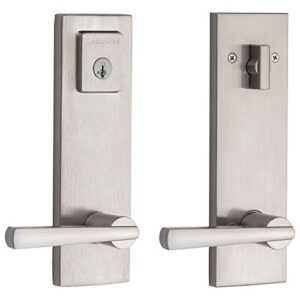 baldwin spyglass single cylinder front door handleset featuring smartkey security in satin nickel, prestige series with a modern contemporary slim door handleset and square lever