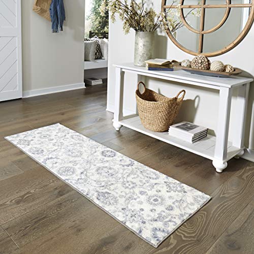 Maples Rugs Blooming Damask Non Slip Runner Rug For Hallway Entry Way Floor Carpet [Made in USA], 2 x 6, Grey/Blue