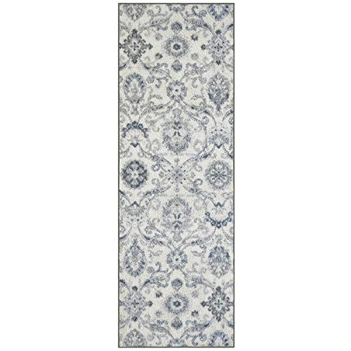 Maples Rugs Blooming Damask Non Slip Runner Rug For Hallway Entry Way Floor Carpet [Made in USA], 2 x 6, Grey/Blue