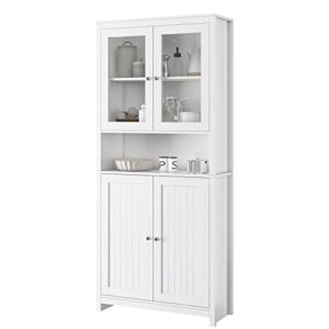 fotosok kitchen pantry cabinet, 74.6” freestanding kitchen cupboard storage cabinet with doors and shelves, tall bookcase with doors kitchen cabinet for dining room, living room, white