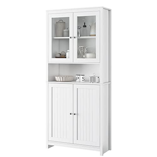 FOTOSOK Kitchen Pantry Cabinet, 74.6'' Freestanding Kitchen Cupboard Storage Cabinet with Doors and Shelves, Tall Bookcase with Doors Kitchen Cabinet for Dining Room, Living Room, White
