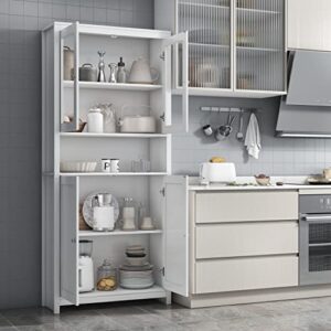 FOTOSOK Kitchen Pantry Cabinet, 74.6'' Freestanding Kitchen Cupboard Storage Cabinet with Doors and Shelves, Tall Bookcase with Doors Kitchen Cabinet for Dining Room, Living Room, White