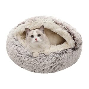 calming dog beds & cat cave bed with hooded cover,removable washable round beds for small medium pets,anti-slip faux fur fluffy coved bed for improved sleep,fits up to 15/25 lbs (small,20″x20″)