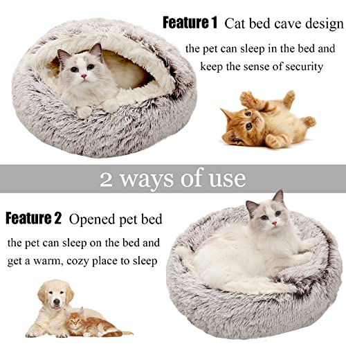 Calming Dog Beds & Cat Cave Bed with Hooded Cover,Removable Washable Round Beds for Small Medium Pets,Anti-Slip Faux Fur Fluffy Coved Bed for Improved Sleep,Fits up to 15/25 lbs (Small,20"x20")