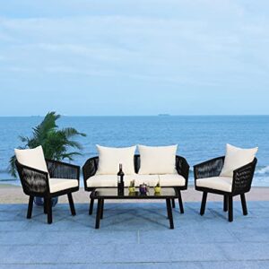 safavieh outdoor collection belmi wicker cushion 4-piece rope patio backyard living set pat7517b, black/beige
