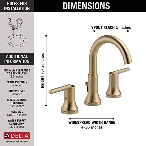 Delta Faucet Trinsic Widespread Bathroom Faucet 3 Hole, Gold Bathroom Faucet, Diamond Seal Technology, Metal Drain Assembly, Champagne Bronze 3559-CZMPU-DST