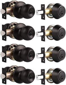 4 pack keyed entry door knob and single cylinder deadbolt set, keyed alike exterior knob with lock and deadbolt for office and front door, classic locking door knob, oil rubbed bronze