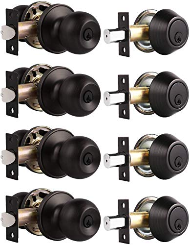 4 Pack Keyed Entry Door Knob and Single Cylinder Deadbolt Set, Keyed Alike Exterior Knob with Lock and Deadbolt for Office and Front Door, Classic Locking Door Knob, Oil Rubbed Bronze