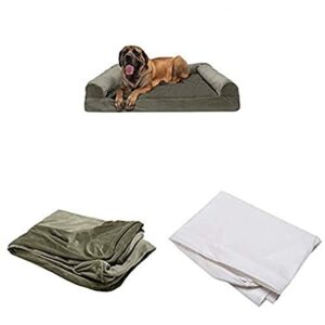 furhaven pet bundle – jumbo plus dark sage orthopedic faux fur & velvet sofa, extra dog bed cover, & water-resistant mattress liner for dogs & cats