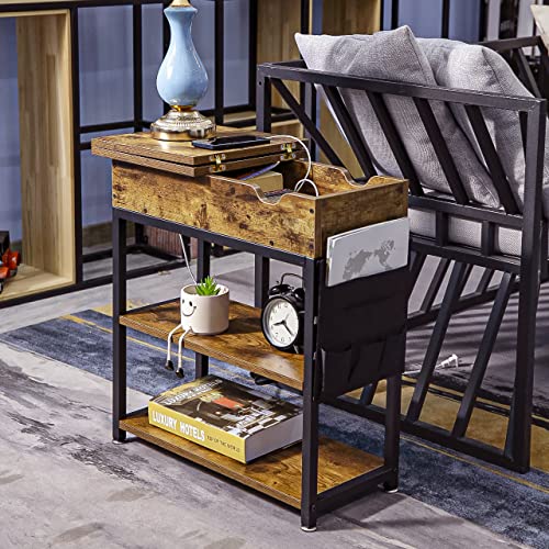 SJIE End Table with Charging Station, Flip Top Side Table with USB Ports and Outlets, Bedside Nightstands with Storage Shelf, Fabric Bag for Small Spaces,Living Room,Bedroom,Rustic Brown