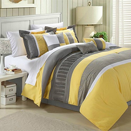 8 Piece Simple & Elegant Comforter Set in Yellow / White / Grey Stripe Design - Queen Size