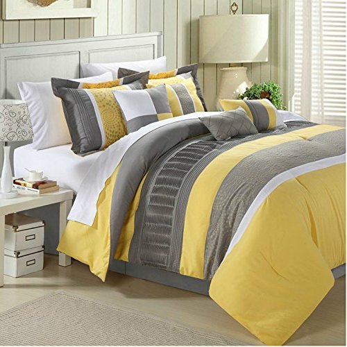 8 Piece Simple & Elegant Comforter Set in Yellow / White / Grey Stripe Design - Queen Size