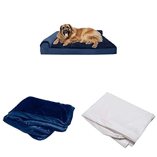 Furhaven Pet Bundle - Jumbo Plus Deep Sapphire Deluxe Orthopedic Plush Faux Fur & Velvet L Shaped Chaise, Extra Dog Bed Cover, & Water-Resistant Mattress Liner for Dogs & Cats