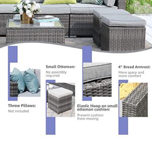 Patiorama 7 Pieces Outdoor Patio Furniture Set, Outdoor Sectional Conversation Set, All Weather Grey Wicker Rattan Sofa Set, W/Glass Table, Two Assembled Ottomans, Light Grey Cushions