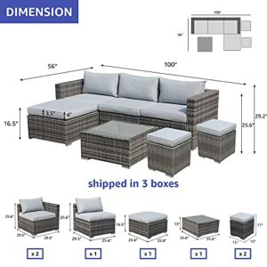 Patiorama 7 Pieces Outdoor Patio Furniture Set, Outdoor Sectional Conversation Set, All Weather Grey Wicker Rattan Sofa Set, W/Glass Table, Two Assembled Ottomans, Light Grey Cushions