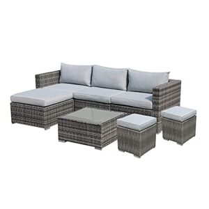 Patiorama 7 Pieces Outdoor Patio Furniture Set, Outdoor Sectional Conversation Set, All Weather Grey Wicker Rattan Sofa Set, W/Glass Table, Two Assembled Ottomans, Light Grey Cushions