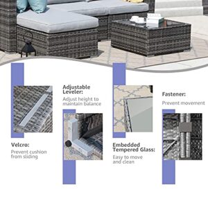 Patiorama 7 Pieces Outdoor Patio Furniture Set, Outdoor Sectional Conversation Set, All Weather Grey Wicker Rattan Sofa Set, W/Glass Table, Two Assembled Ottomans, Light Grey Cushions