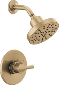 delta faucet nicoli 14 series single-handle gold shower faucet, shower trim kit with 5-spray h2okinetic shower head, champagne bronze 142749-cz (shower valve included)