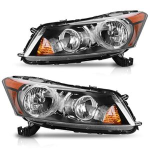 dwvo headlight assembly compatible with 08-12 2008 2009 2010 2011 2012 accord 4-door sedan headlamps black housing clear lens amber reflector
