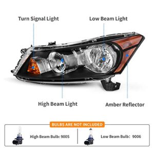 DWVO Headlight Assembly Compatible with 08-12 2008 2009 2010 2011 2012 Accord 4-Door Sedan Headlamps Black Housing Clear Lens Amber Reflector