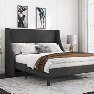 Allewie Full Size Bed Frame, Platform Bed Frame with Upholstered Headboard, Modern Deluxe Wingback, Wood Slat Support, Mattress Foundation, Dark Grey
